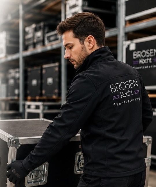 Mitarbeiter von BROSEN KOCHT mit Transportkiste im Lager